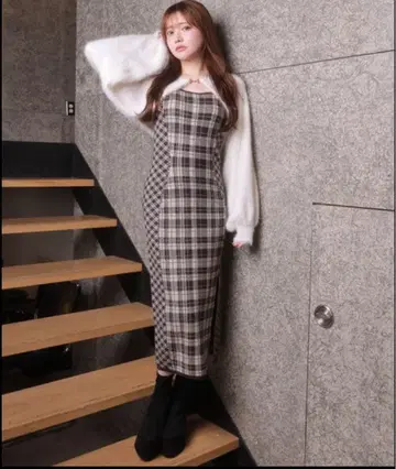 lip service 페더 체크 앙상블 롱 원피스