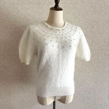 B.dulgi ORIGINAL/펄 장식 화이트 반팔 니트 스웨터 모헤어