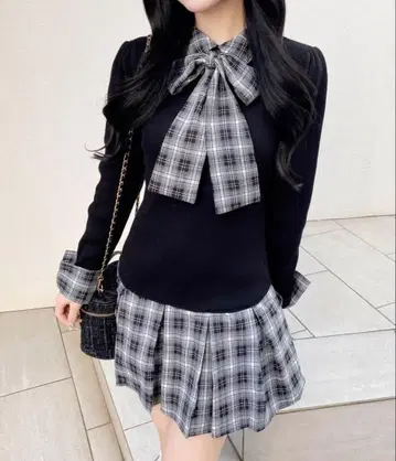 INGNI 체크 무늬 보타이 셔츠 도킹 니트 원피스