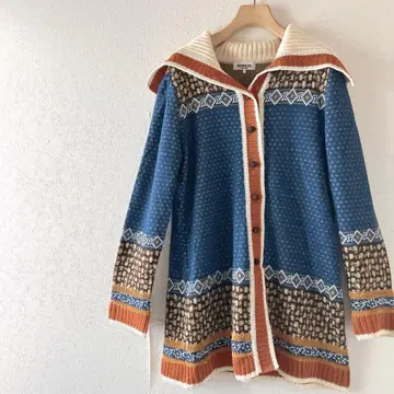 HIROKO BIS 노르딕 무늬 롱 니트 가디건 후드 벨트