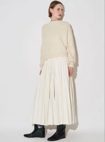 ELENDEEK 아이보리 인조 가죽 플리츠 스커트 롱 기장