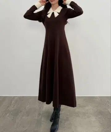 CENEA 바이컬러 리본 니트 원피스 브라운 L 사이즈