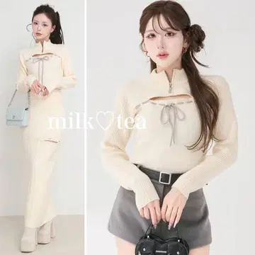 택 포함 새상품 다리치 아이보리 스티치 리본 오픈 니트탑 프리