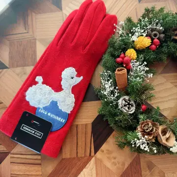 LULU GUINNESS 복슬복슬 푸들 자수 패치 플리스 장갑 레드