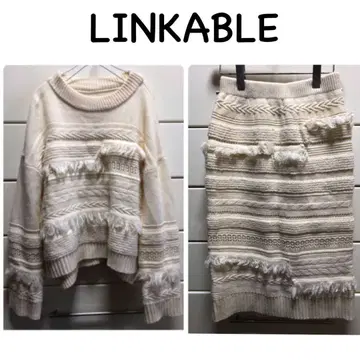 린카블 울 혼방 프린지 니트 스웨터 스커트 셋업 38