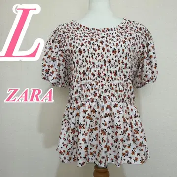 ZARA 자라 화이트 오렌지 블라우스 꽃무늬 셔링 폴리에스테르