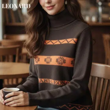 [새상품급] 레오나르 긴팔 니트 스웨터 터틀넥 로고 브라운 오렌지 M