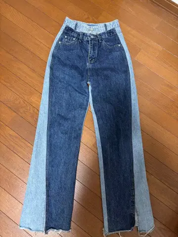 와이드 데님 더블 허리 디자인 데님 팬츠