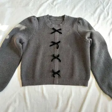 KUOSE 리본 포함 니트 그레이 퍼프 슬리브 와플 L 사이즈