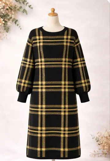 체크 무늬 긴팔 니트 원피스