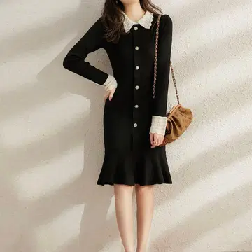 LOPASS 레이스 절개 니트 원피스 무릎 기장 원피스