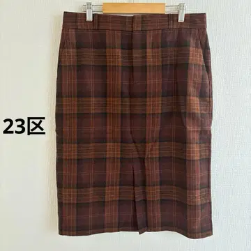 23구 울 100% 체크 타이트 스커트 보르도 빅 사이즈 46