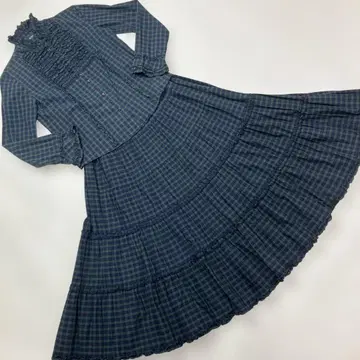 핑크하우스 그린 계열 체크 피코프릴 블라우스+스커트 세트