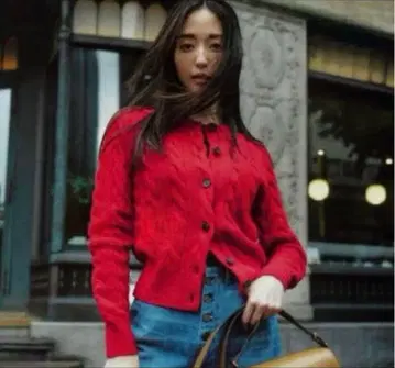 랄프 로렌 굵은 케이블 캐시미어 혼방 가디건 빨간색 XS