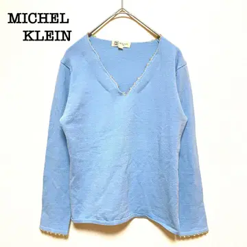 미쉘클랑 V넥 니트 긴팔 스카이블루 블루 비쥬 얇은 소재 반짝임