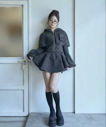 라메 트위드 후드티 셋업 블랙 BLACK FL