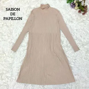 a824 [세존드파피용] 터틀넥 니트 원피스 플리츠 리브 M