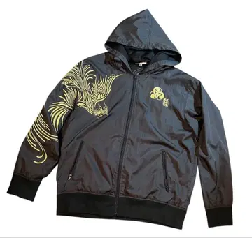 카라쿠리타마시 후드티 XL 나일론 자수 블랙 일본풍 패턴 금 봉황 양키