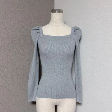 로얄 파티 퍼프 슬리브 리브 니트 스퀘어넥 그레이