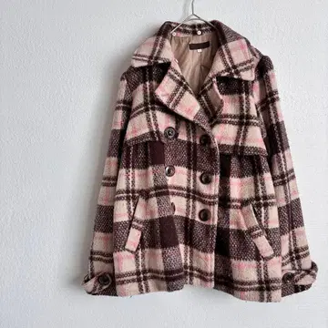 피 코트 미들 기장 울 혼방 체크 무늬 더블 버튼 귀여운 페미닌