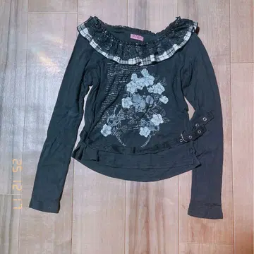 [ H.Jelly ] 화이트 체크 레이스 프릴 긴팔 T셔츠