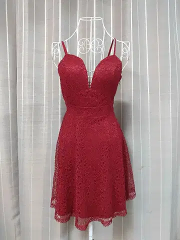 버건디 레이스 V넥 드레스