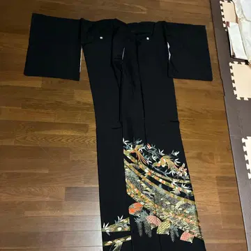 블랙  부채 무늬 꽃무늬 자수 순수 실크 고급 기모노 새상품급