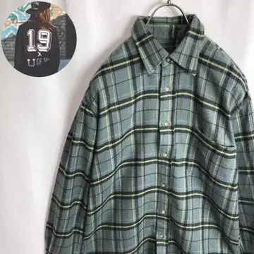 구제 플란넬 셔츠 체크 무늬 민트 그린 긴팔 청록색 귀여운 M