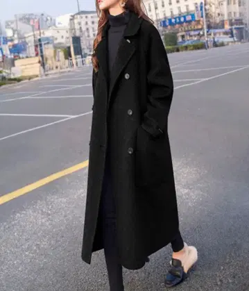 블랙 더블 브레스트 롱 코트 L 사이즈