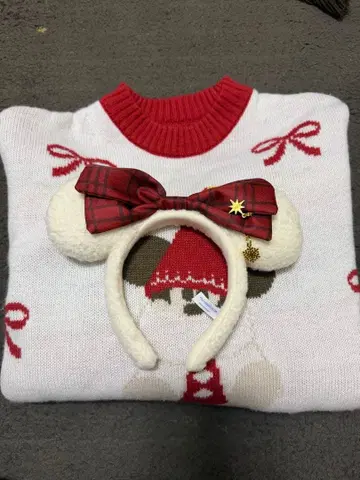미키 귀 모양 머리띠 체크 무늬 리본 포함
