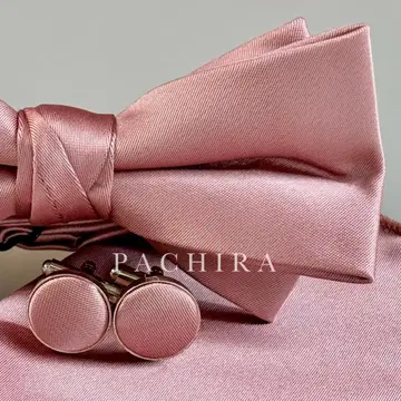 - 나비 넥타이, 포켓 치프, 커프스, 핑크, 로즈 핑크, 무지, 광택