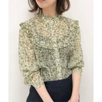 이에나 라부르클 플라워 프린트 프릴 블라우스 시어 블라우스 시어 셔츠