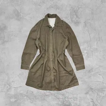 구제 의류 카키 롱 셔츠 코트 플리츠 x 스트라이프 안감 겉옷으로도
