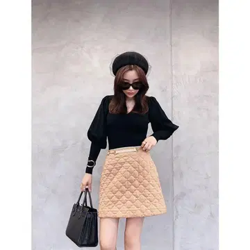 eimy istoire 퀼팅 칼라 미니 스커트 카멜