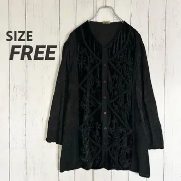 빈티지 벨로아 자수 블라우스 롱 기장 프론트 오픈 겉옷 구제 의류 블랙