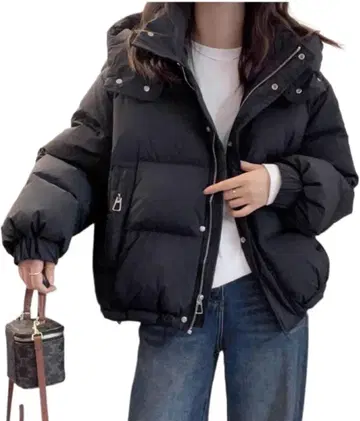 블랙 다운 자켓 후드 부착