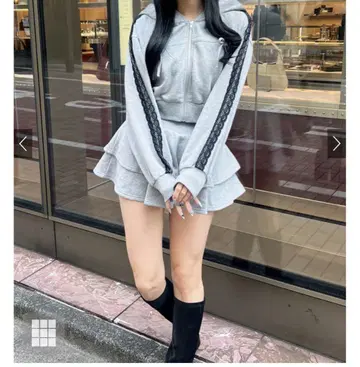 리본 후드티 x 미니스커트 맨투맨 셋업