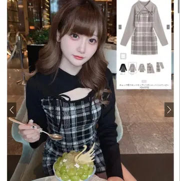 그레일 체크 무늬 프론트 오픈 리본 니트 미니 원피스