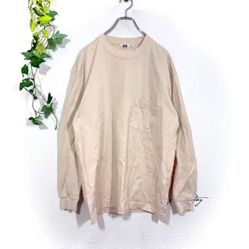 유니클로 U 롱T 긴팔 티셔츠 크루넥 (L) 베이지 코튼 무지