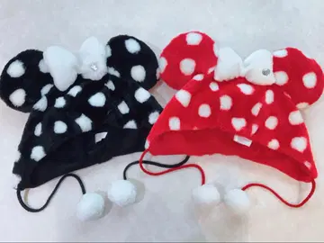 디즈니 팬캡 미니 도트 빨간색 블랙 폼폼 페어 2개 세트