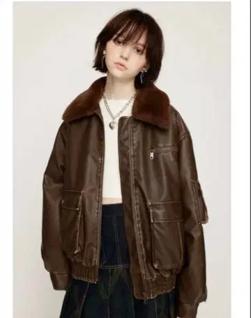 SLY 빈티지 인조 가죽 숏 블루종 브라운