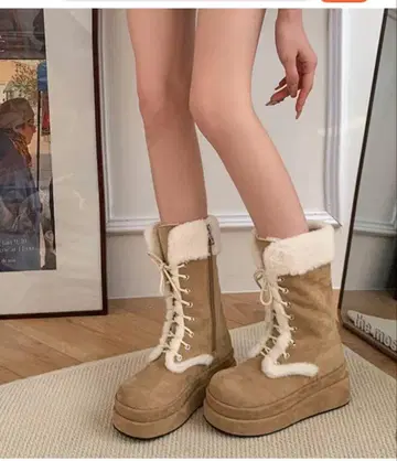 베이지 스웨이드 퍼 어그 부츠