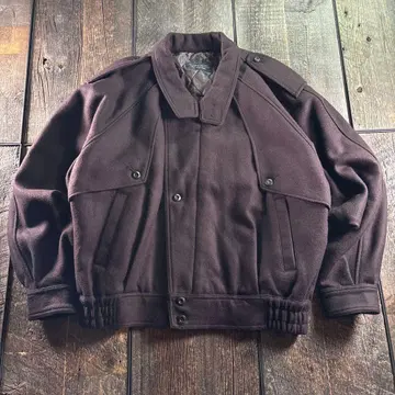 구제 의류 멜톤 울 봄버 자켓 짙은 갈색 L 와이드 소매 쇼트 기장 자켓