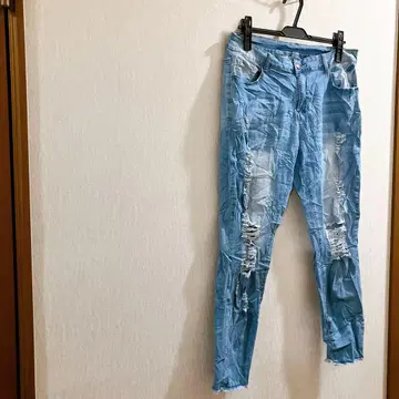 데미지 데님 스키니 라이트 블루 청바지