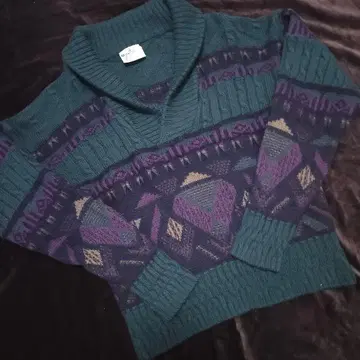 90s 울 숄카라 니트 스웨터 그린 노르딕 무늬