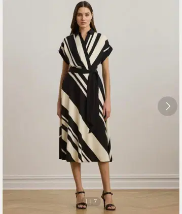 로렌 랄프 로렌 스트라이프 벨티드 크레이프 드레스