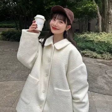 hinari 스탠 칼라 샤기 미들 코트 화이트 택 포함 미개봉 새상품