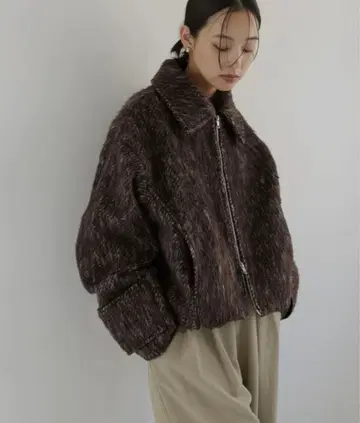 hellam 샤기 숏 지퍼 블루종 브라운