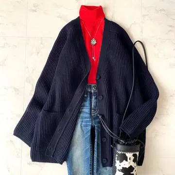 새상품급 에스트네이션 아제 편직 V넥 니트 가디건 루즈핏 다크 네이비