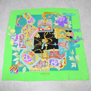 vintage LEONARD 대형 실크 스카프 그린 그린 손바느질